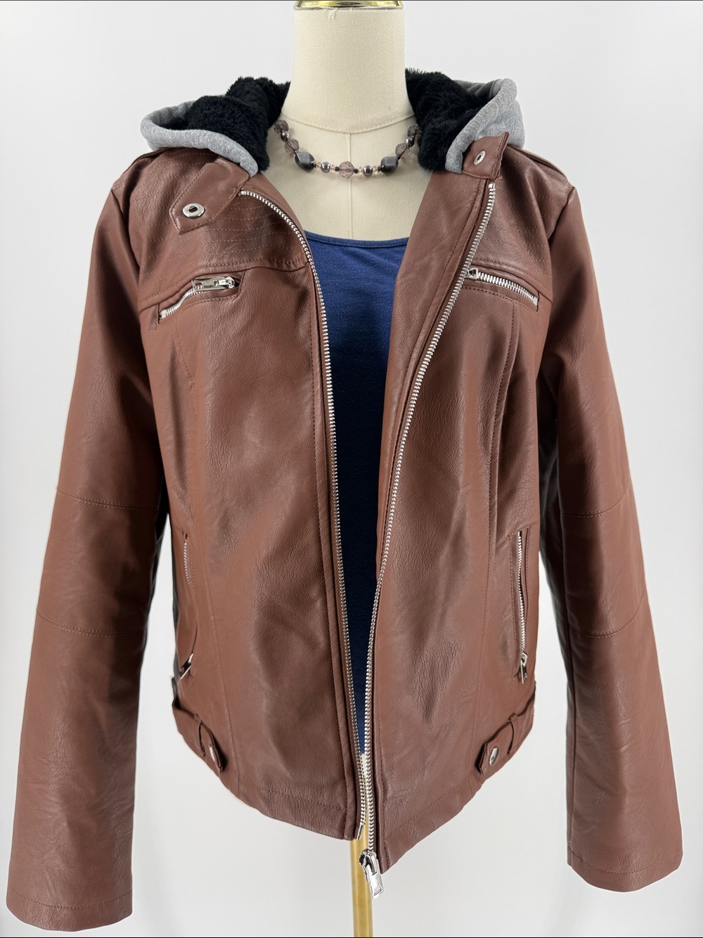 Classic Sebby Brown Faux Leather Hooded Biker Jacket
